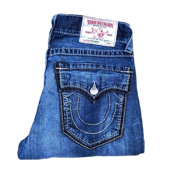 RARE True Religion Jeans Size 32 STRAIGHT Outline Big T Blue - Picture 1 of 8